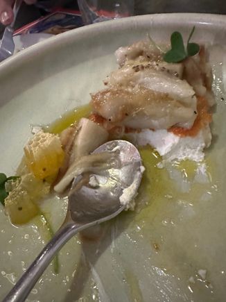 Is this the best eggplant dish I've ever eaten?  I think so:   Peeled eggplant with rectangular cube of honeycomb and caramelized goat cheese, on which the eggplant rests.....a million "wows!"