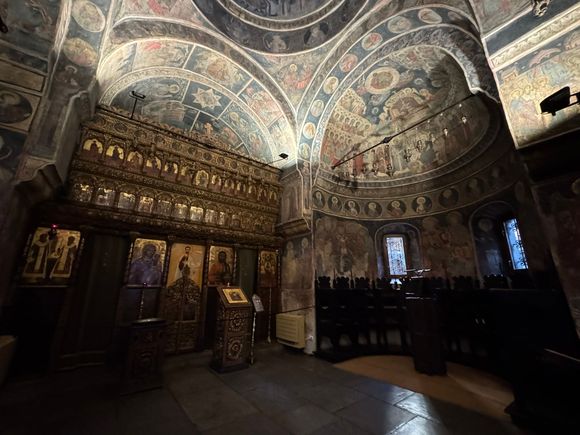Interior of Biserica Stavropoleos - the beautiful dark-blue, star-flecked cupola