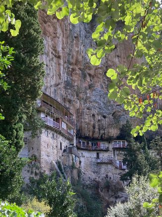 Prodromou Monastery, across the gorge, dedicated to John the Baptist, clings precariously to the cliffside.