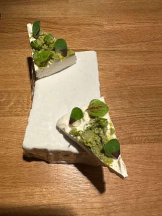 Named "hierbas," (herbs) on the menu, this was a wedge of something frozen and delicious, presented on a cold ceramic block and covered with delicate leaves of herbs, flowers and vegetables.....it was fantastic, and we were given napkins soaked yuzu-sencted water to wipe our hands!!!   A little different than the usual dinner at the ekscrunchy household!!!  But all was presented with no pretension and we felt so at home.