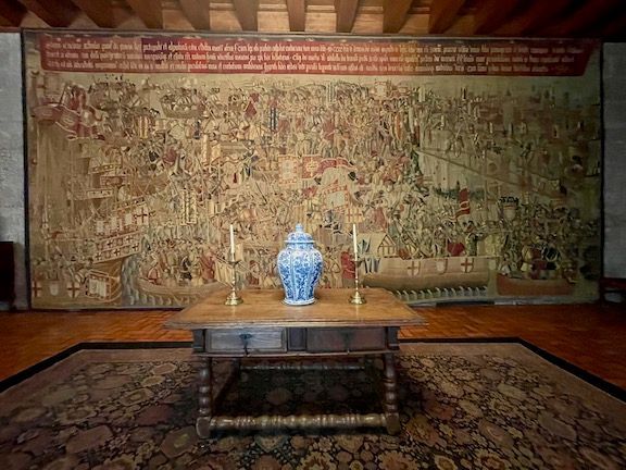 Inside the Paco dos Duques de Braganca - Ducal palace and history museum - massive tapestry in the welcoming room