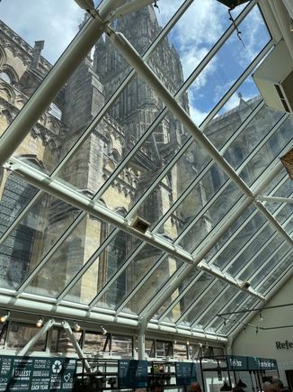 We are in the Rectory Cafe, directly under the tower of Salibury Cathedral.