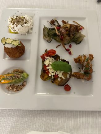 The mixed appetizer plate had zucchini blossoms stuffed with ricotta, vegetarian meatball, stratciatella cheese (one of my favorite fresh cheeses; hard to find in the US); stuffed eggplant, fried Cardoncelli mushroom.