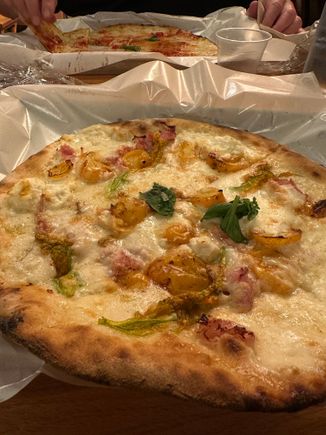 My chef's special, with zucchini flowers, ricotta, yellow tomatoes, and prosciutto cotto--tasty!