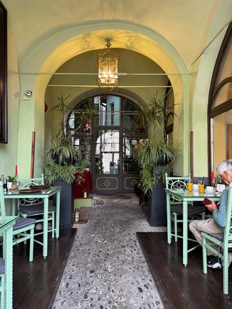 Lovely breakfast area at our hotel in Sighisoara, Casa Georgius Krauss