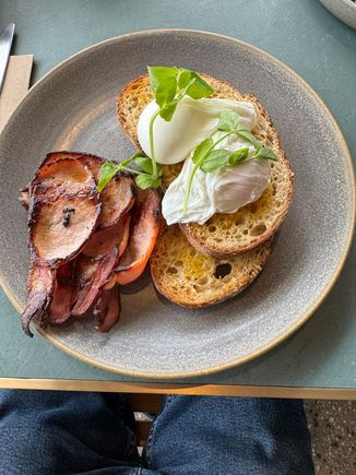 Ed's poached eggs with sourdough toast and the best bacon ever!
