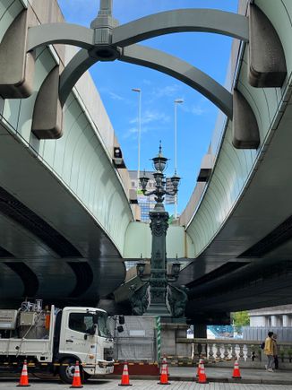 The highway divides above the bridge