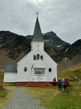 Lutheran church built in 1914 for the Griviknak whale workers (400 during heyday of whaling operations) and extensively rehabbed in 1990s. Services very rarely held as the only inhabitants now are 4 British employees who assist with the tourism.