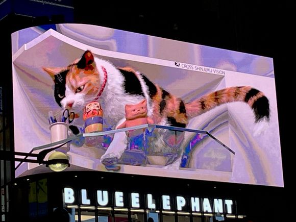 The still photo doesn't do this justice, but it's actually a video and the cat moves.  It's so surreal and fun and so Tokyo