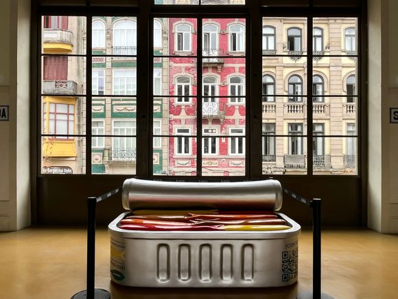 A sardine can sculpture inside the Mercado