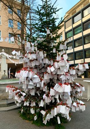 
Every Advent, Basel sets up a tree near Marktplatz where people can come to write out their wishes and hang them on and around the tree. I read several of the ones for this year; most wished for peace and a healthier, happier world. 