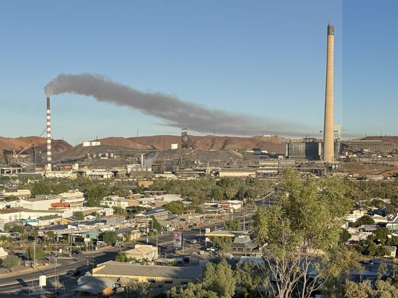 Mt Isa from the Mt Isa Lookout. Copper and lead smelter stacks left and right.