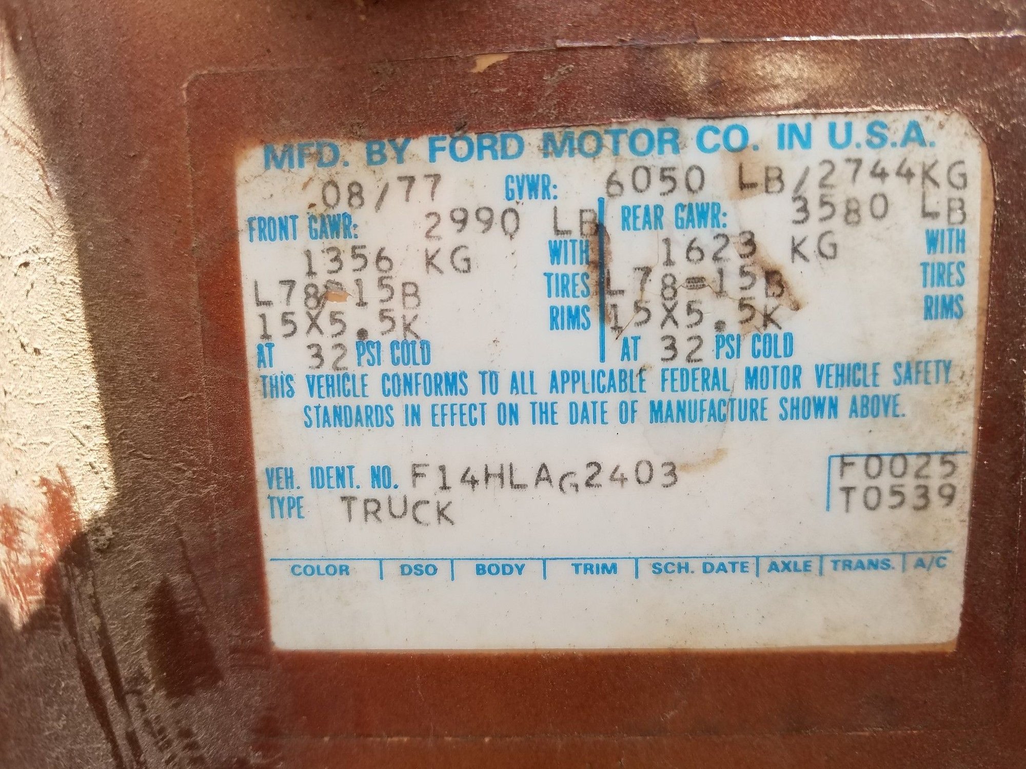 1977 Ford F-150 - For Sale, 1977/78 (manufactured 8/77) F150 Custom 4X4 Shortbed - Used - VIN F14HLAG2403 - 8 cyl - 4WD - Automatic - Truck - Brown - Marble, TX 78654, United States