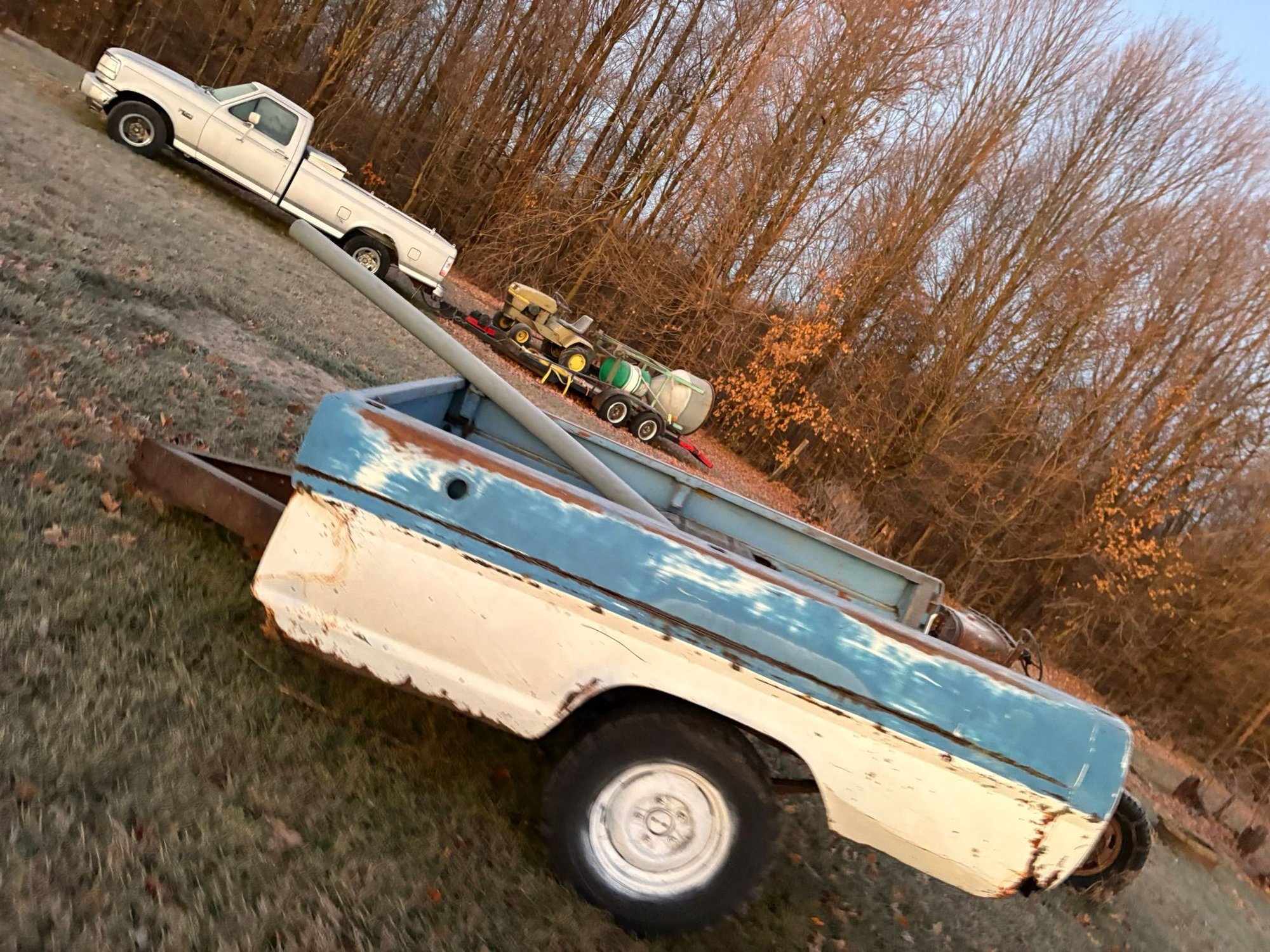 I had positioned this giant hopper thing backwards on the trailer (my dads suggestion) and this is what i pulled on the hilly terrain I mentioned