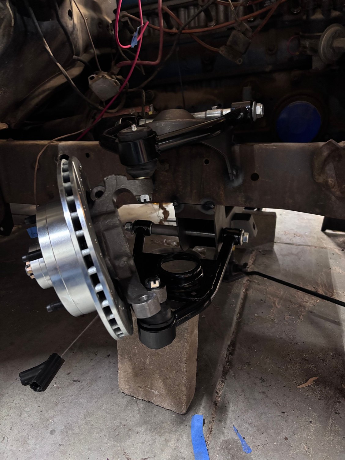 Mockup turns out I forgot the upper control arm bolts. Or they didn�t send them. So that�s cool. I subbed in two temp bolts for mock up. 