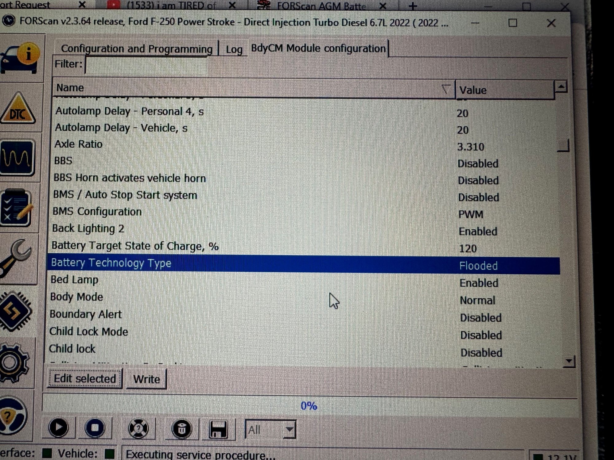 BdyCM module in Forscan. You can see the Battery Target State of Charge, % and the Battery Technology Type. This is the default settings. I changed it to 100% and AGM.