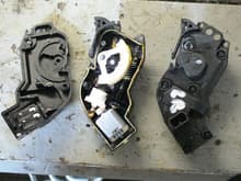 A picture of a 2002 F350 Door lock actuator with the cover on and the cover off