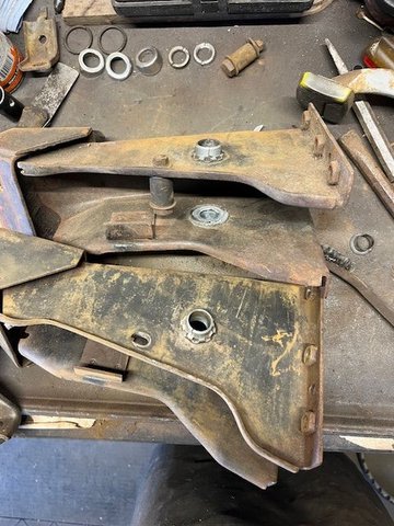 Photo showing two examples of pedal boxes each from 1966 model year.  One from my truck and the other from a spare cab I acquired several years ago (since discarded).  Both had cracked bushings on the clutch-side bushing