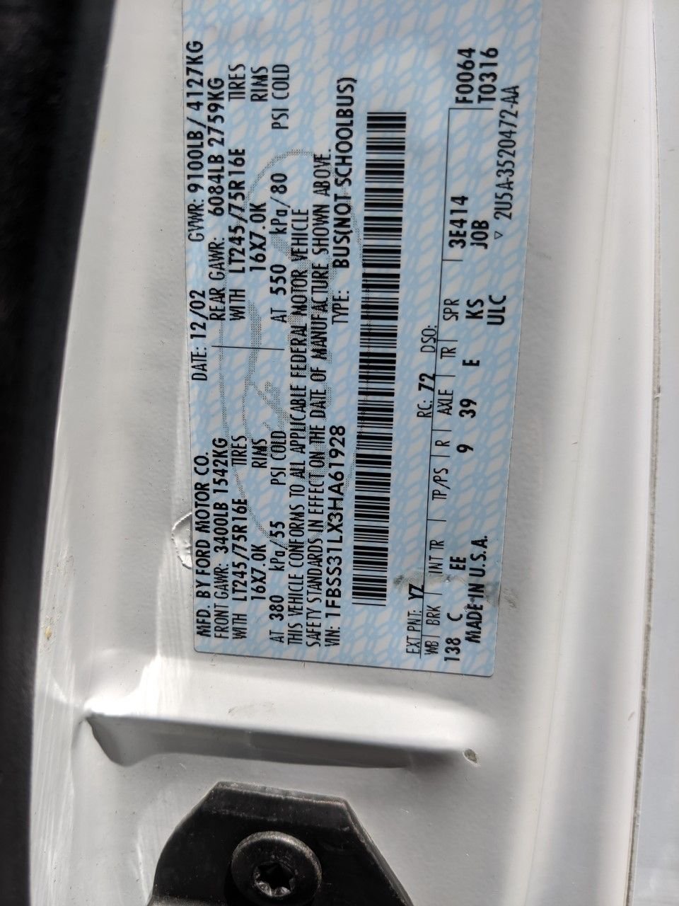 What transmission is ID tag E in 2003 E350 5.4 ? Ford Truck