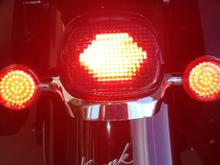 Brake mode.  Very bright.  The tripple Play module has 10 various strobe setting to choose from.  Also, turn signals work as normal.