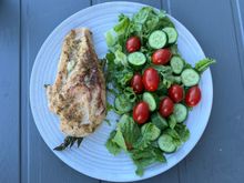 Grilled asparagus-stuffed chicken breast and salad for dinner tonight. 

