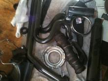 ok, the exhaust. d and d, fatcat. i got one on my other bike, and i was disappointing. the performance was out of this world. the fit and finish was perfect. the coating was all fucked up, and it pitted, and rusted in 11 months. see next pic. so, they sent me another one. and i put it on my bike. on the first one, D and D's welder showed up to work with his head on right, but, the coater was on crack. with the second pipe, the coater showed up to work with his head on straight, but, the welder had some serious issues. pipe fell off in colorado. the flanges stayed in the head, and the pipe broke off. so, for a $850 pipe, i had to spend 20-30 hours, and several hundred dollars to make it right. this is my fix for the first pipe. sent it to my powder coater. is is on my scoot now, and it is perfect.