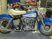 The finished bike. I just need to change the front brake cable tube to a cross over type and thats it. It runs, carb is rejetted and everything works. Just breakin in the engine and 67FLH7673 is back on the road in its HIFI blue and Birch white glory!!Savin history one motorcycle at a time!!