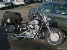 Thanksgiving travel.  Windshield and Cobra II light with HD LED lamp installed.  Has 3 degree rake from Accutronix trees and Headwinds headlight mount.