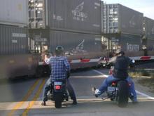 caught by a damn train with my partner Das on his chopped up Rocker.  We were on our way to Poopy's bar in Savanna, IL.