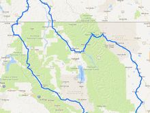 About 800 Miles and should be around 16 hrs of riding time. A nice little two day jaunt.