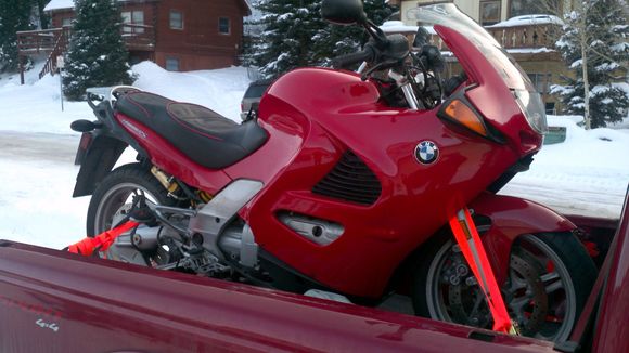 1998 K1200rs in a 2006 Ford Ranger. Rear tire was just barely on the tailgate. 1700 mi and not a glitch.