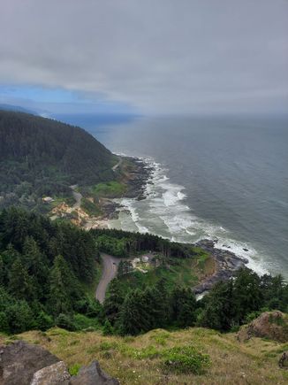 Cape Perpetua, south of Yachats.  Steep, windy road but only 2 miles to the top, well worth the sidetrip.