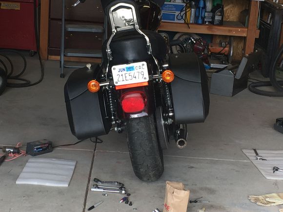 There is a slight amount of lean in this pic, but that goea away when tightened to the brackets.  Don't want to have to undo everything to install the latch bolts.

They sit slightly wider than if I didn't have the sissy bar QD brackets, but I wanted everything removable, without unbolting.