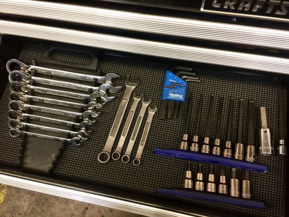 Gearwrench ratcheting wrenches with some craftsman combo. I also have long ball allen and shot allen kobalt usa in here. I really only use this stuff if I’m working on vrods which isn’t very often.