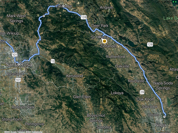 Santa Rosa through Petrified Fires & Calistoga.
St Helena Silverado Trail to Napa.