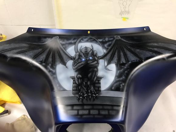 Ok, gang. Here's the air brush work over new color finished today, maybe a few tweaks and this is way beyond my expectations. Amazing detail on the wings. Can't wait to see the rear work he is going to do across fender and bags. 