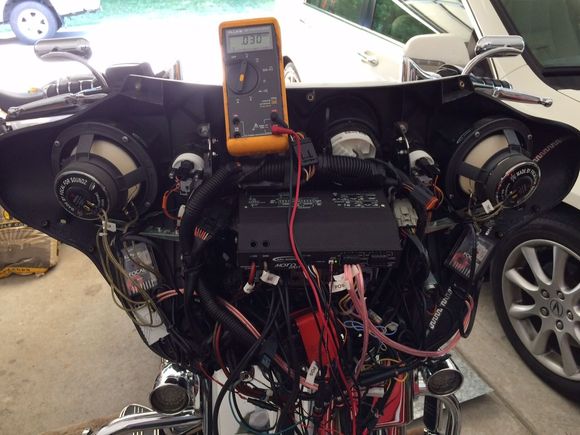 Everything all mounted up and amp gains finished and adjusted with my trusty Fluke DVM.