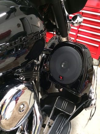 Stock Focal grills fit nicely in fairing lower speaker pods.