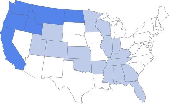 Dark Blue: Experience / Site-seeing States
Light Blue:  Travel-through States