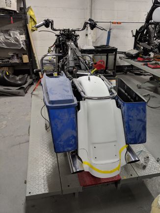 Started out just wanting to clean up fender ie. tag/lights/signals but once I saw how short the bags looked we ordered stretched bags to wrap around exhaust. Art in progress. 