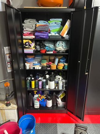 I keep all my polishes, compounds, and coating on n the house