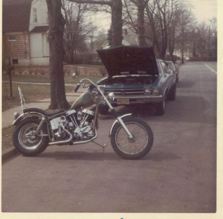 First Harley-56 Panhead: bored, cams, 4 over forks.