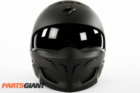 Helmet with the visor down.