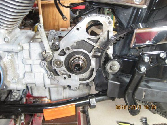 Didn't know it at this time but the whole problem was the spacer shown here that sits inside of the seal had been moving and wore into the mainshaft bearing which caused the metal dust in the transmission. It was also wearing out the outer seal and creating an oil leak.