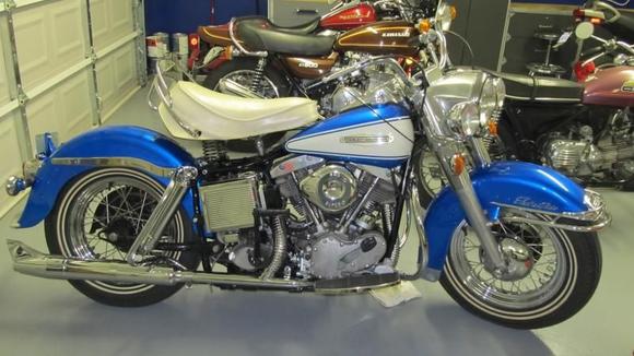 The finished bike. I just need to change the front brake cable tube to a cross over type and thats it. It runs, carb is rejetted and everything works. Just breakin in the engine and 67FLH7673 is back on the road in its HIFI blue and Birch white glory!!Savin history one motorcycle at a time!!