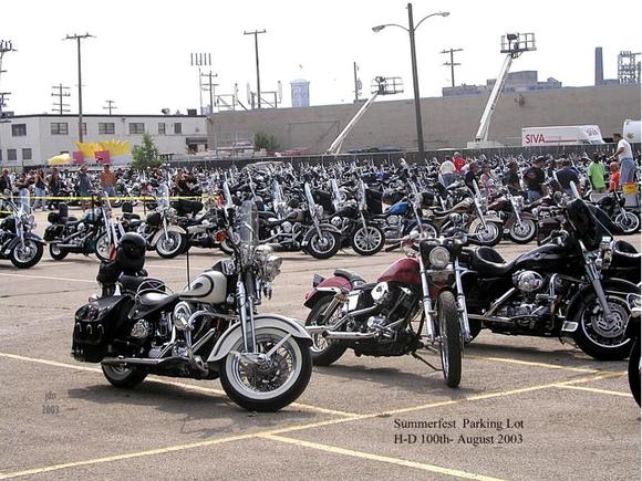 E pluribus unum- The H-D 100th Anniversary, 4-day bash, brought bikes and bikers from around the world! Unlike any other bike rally I have eve been to in the past 36 years, I met 'bikers' from all over the world, some whose only English was "Harley-Davidson"! Here is Sweet Freedom, parked among the tens of thousands of Harleys, outside of the Summerfest grounds at Lincoln Park in Milwaukee.