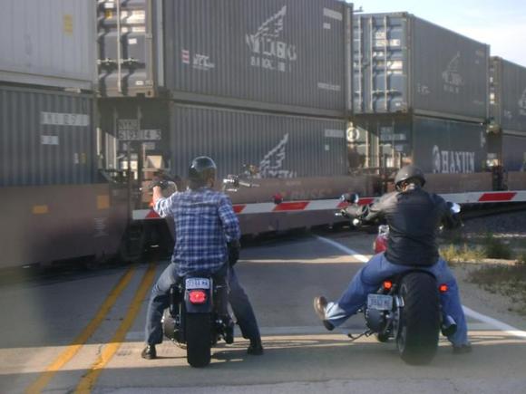 caught by a damn train with my partner Das on his chopped up Rocker.  We were on our way to Poopy's bar in Savanna, IL.