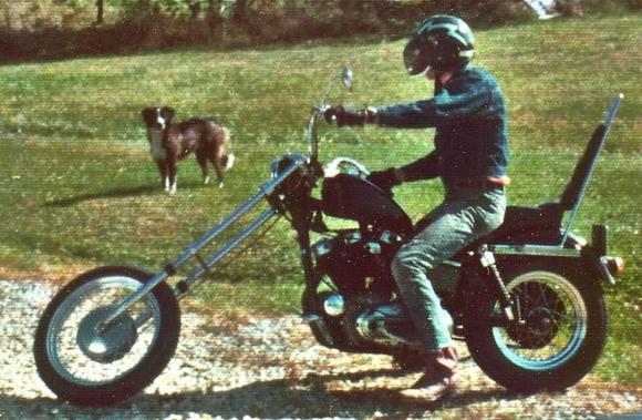 '72 'XLCH
Sep 1973.  Just got home to Ohio after buying the bike in Sunnyvale, CA
Raked 7/8 inch, 15 inch over tubes, 5x16 rear tire, Corbin-Gentry seat.