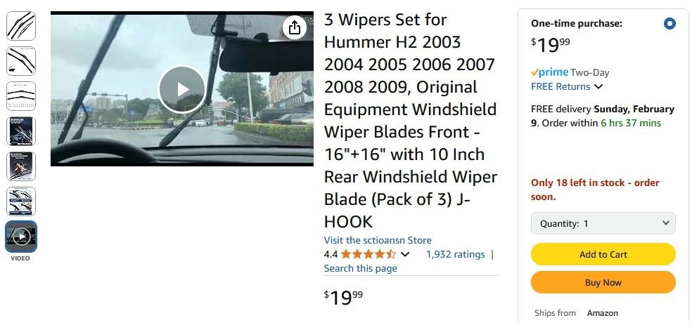 Windshield Wiper Blades Set For Hummer H3 2006-2010 - 17" + 16" Front & 10" Rear Replacement