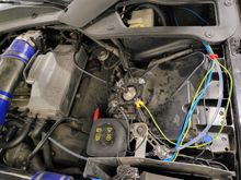 blue wires go through a hole I drilled in the firewall to an on/off switch, black & grounded yellow go to the low level led (which is seemingly broken so I took it off). I am planning to have the low level light on the cowl, under the hood, like a nod to 60s & 70s outside gauges